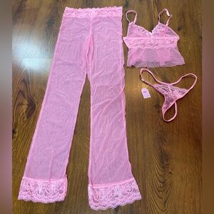 🎀🌷 3 Pc Sexy Sheer Pink Lace Trim Lingerie Set 🌷🎀 Babydoll Bralette & Pants NWT